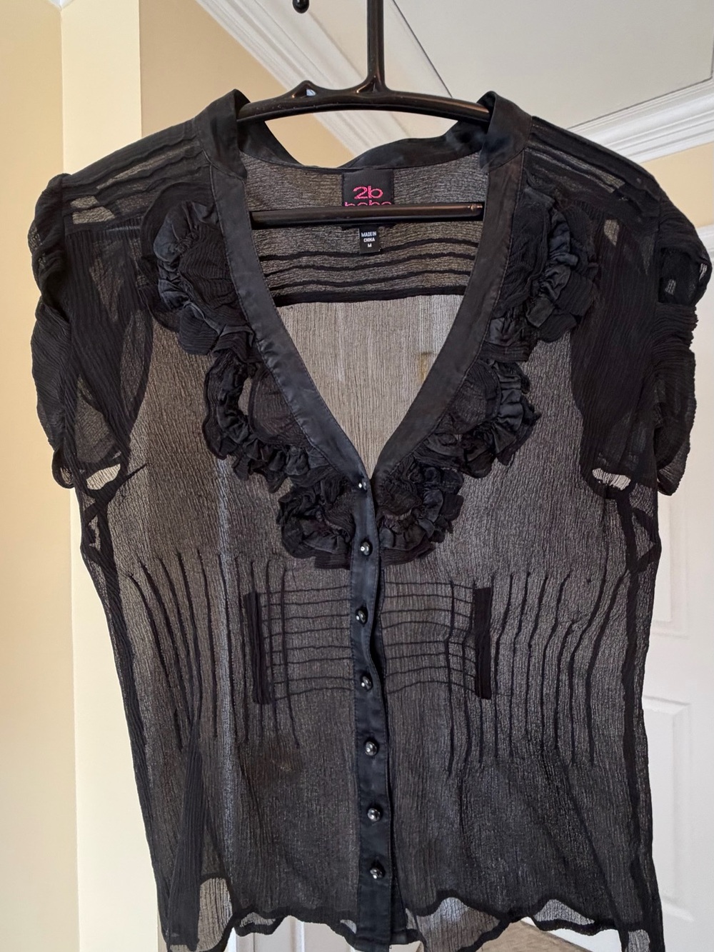 2B Bebe Black Sheer Ruffle V-Neck Button Blouse
